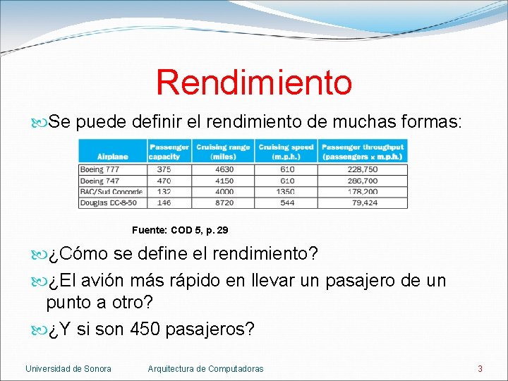 Rendimiento Se puede definir el rendimiento de muchas formas: Fuente: COD 5, p. 29