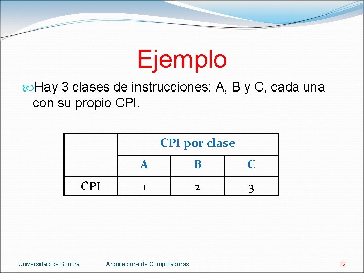 Ejemplo Hay 3 clases de instrucciones: A, B y C, cada una con su