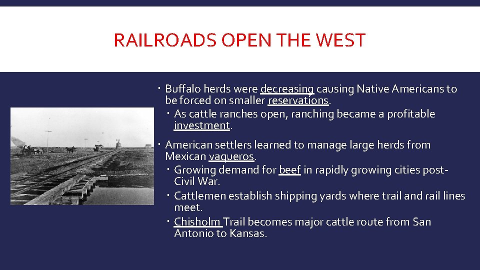 RAILROADS OPEN THE WEST Buffalo herds were decreasing causing Native Americans to be forced