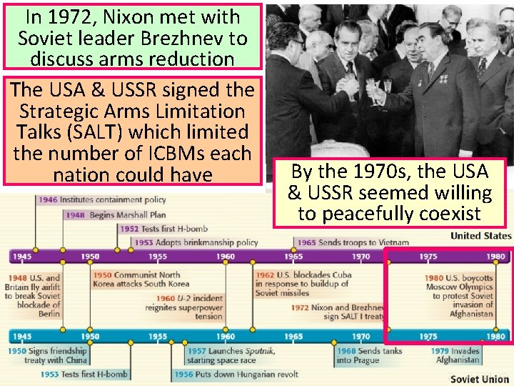 In 1972, Nixon met with Soviet leader Brezhnev to discuss arms reduction The USA