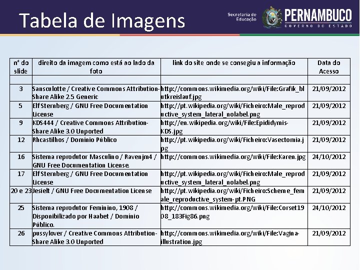 Tabela de Imagens n° do direito da imagem como está ao lado da link