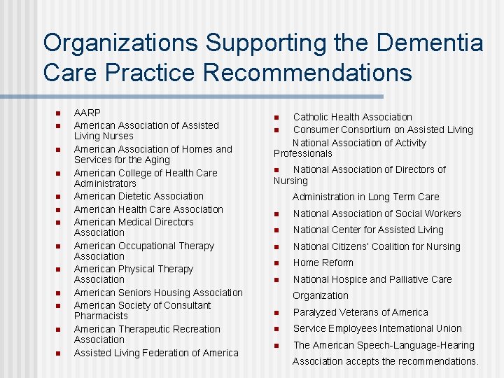 Organizations Supporting the Dementia Care Practice Recommendations n n n n AARP American Association