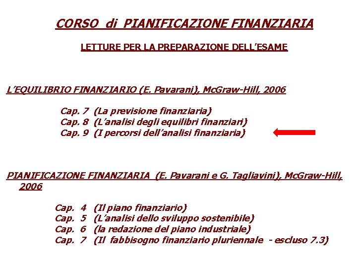 CORSO di PIANIFICAZIONE FINANZIARIA LETTURE PER LA PREPARAZIONE DELL’ESAME L’EQUILIBRIO FINANZIARIO (E. Pavarani), Mc. CORSO di PIANIFICAZIONE FINANZIARIA LETTURE PER LA PREPARAZIONE DELL’ESAME L’EQUILIBRIO FINANZIARIO (E. Pavarani), Mc.