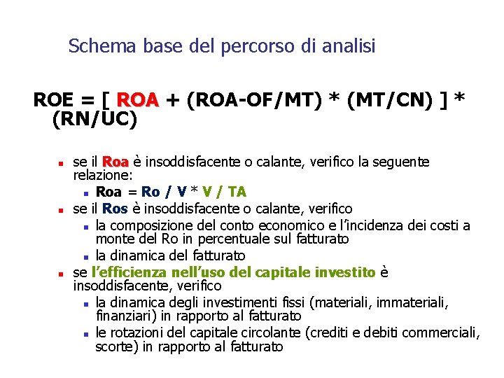 Schema base del percorso di analisi ROE = [ ROA + (ROA-OF/MT) * (MT/CN) Schema base del percorso di analisi ROE = [ ROA + (ROA-OF/MT) * (MT/CN)
