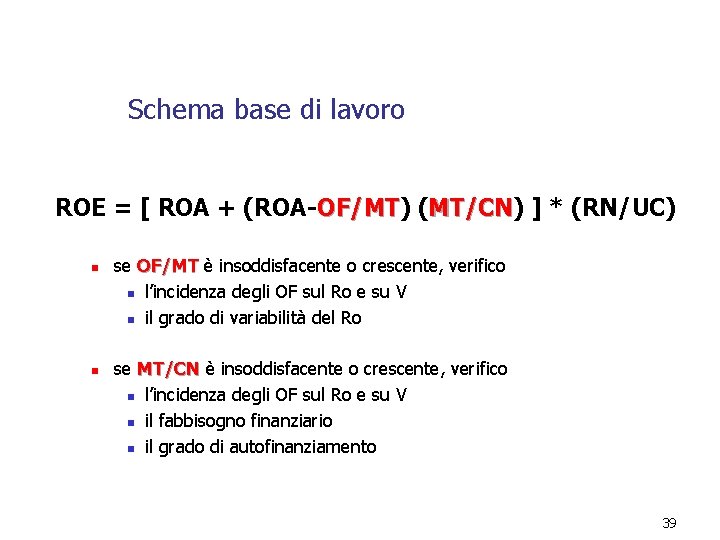 Schema base di lavoro ROE = [ ROA + (ROA-OF/MT) OF/MT (MT/CN) MT/CN ]