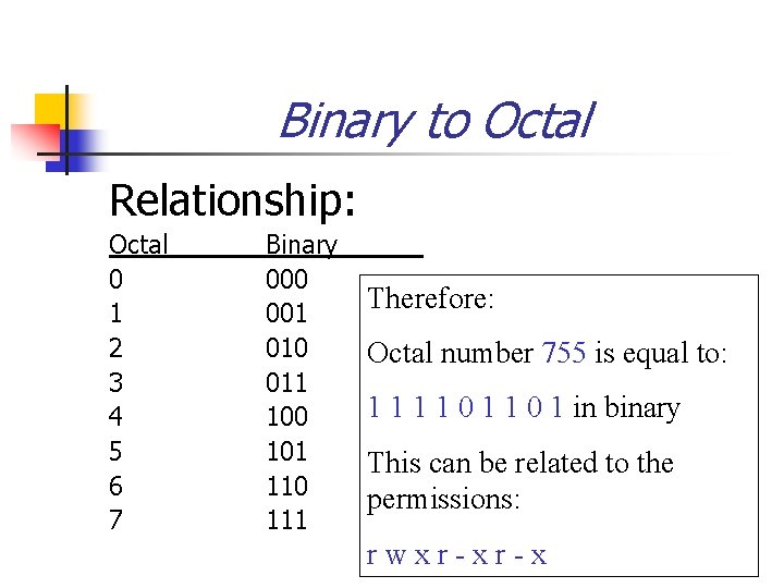 Binary to Octal Relationship: Octal 0 1 2 3 4 5 6 7 Binary