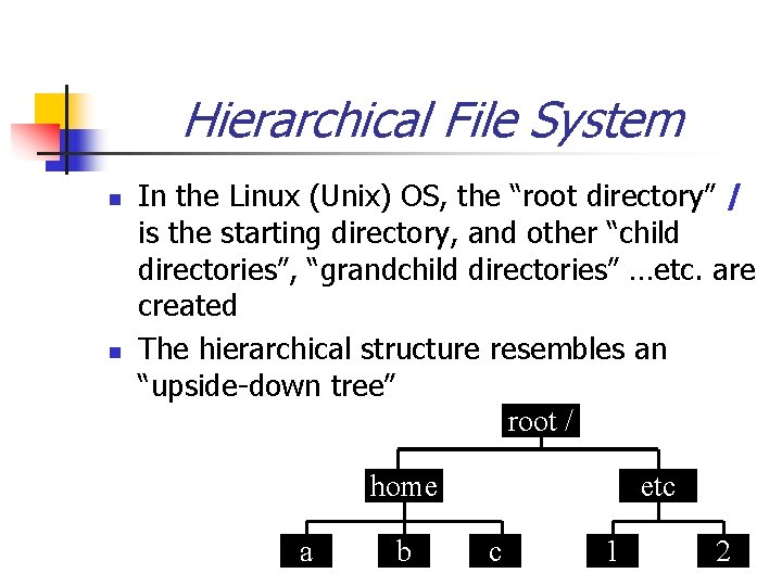 Hierarchical File System n n In the Linux (Unix) OS, the “root directory” /