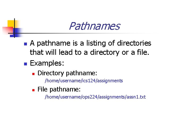Pathnames n n A pathname is a listing of directories that will lead to