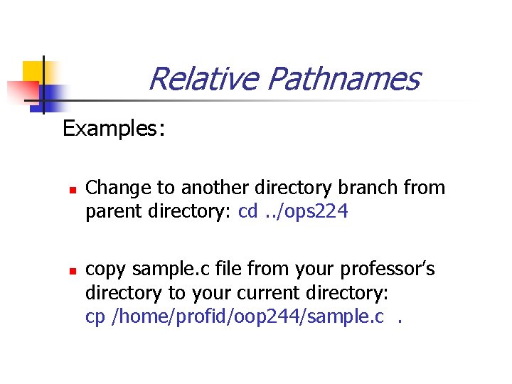 Relative Pathnames Examples: n n Change to another directory branch from parent directory: cd.