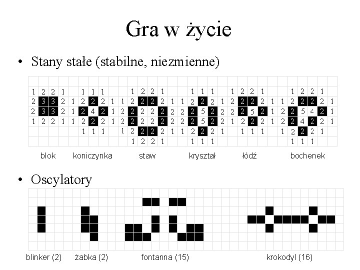 Gra w życie • Stany stałe (stabilne, niezmienne) blok koniczynka staw kryształ łódź bochenek