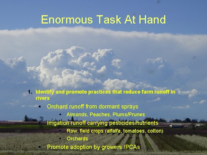 Enormous Task At Hand 1. Identify and promote practices that reduce farm runoff in