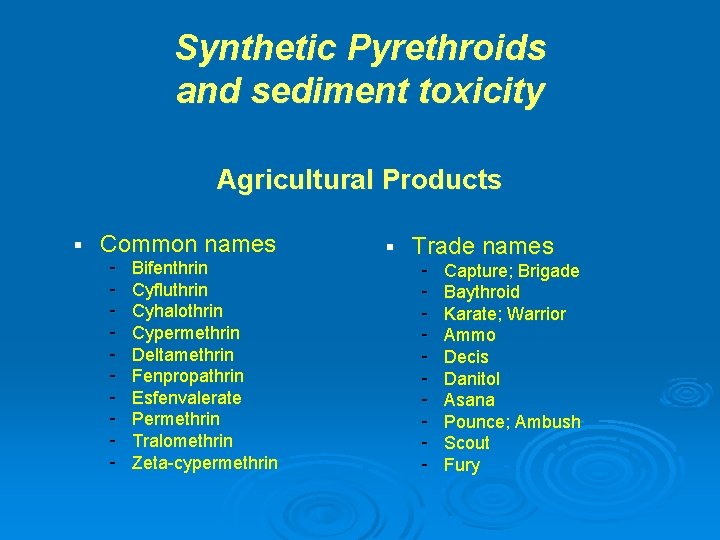 Synthetic Pyrethroids and sediment toxicity Agricultural Products § Common names - Bifenthrin Cyfluthrin Cyhalothrin