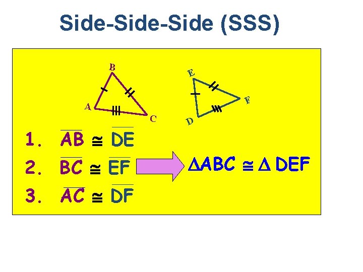 Side-Side (SSS) B E F A C 1. AB DE 2. BC EF 3.