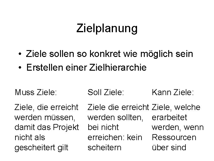 Zielplanung • Ziele sollen so konkret wie möglich sein • Erstellen einer Zielhierarchie Muss