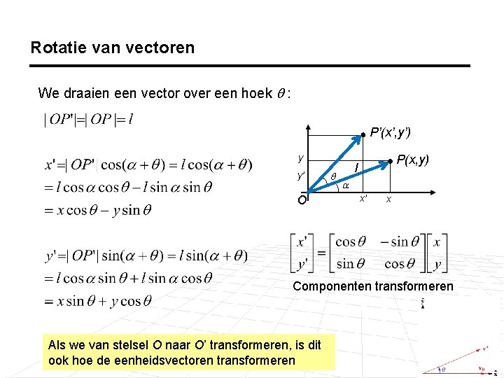 Rotatie van vectoren We draaien een vector over een hoek : P’(x’, y’) y