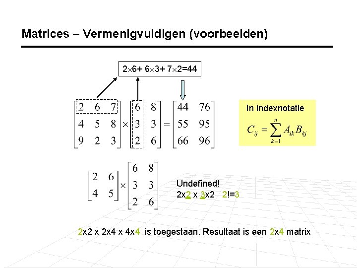 Matrices – Vermenigvuldigen (voorbeelden) 2 6+ 6 3+ 7 2=44 In indexnotatie Undefined! 2