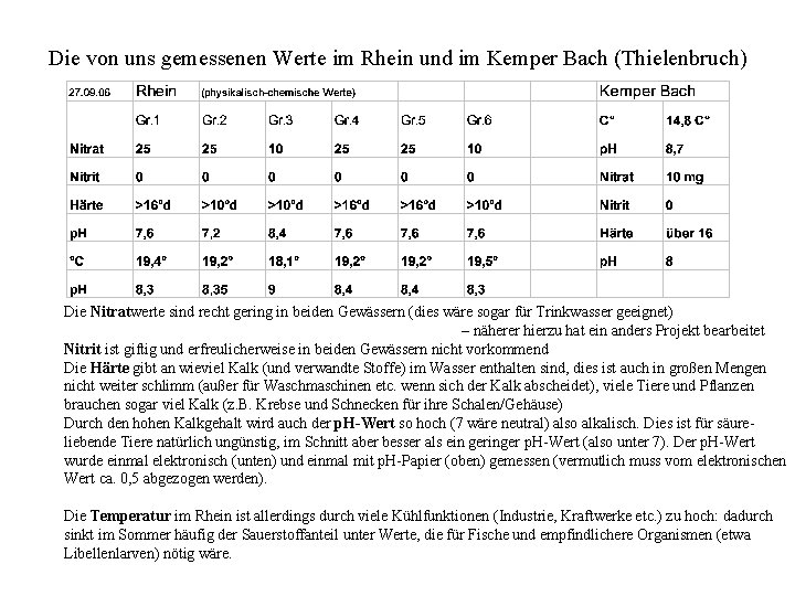 Die von uns gemessenen Werte im Rhein und im Kemper Bach (Thielenbruch) Die Nitratwerte