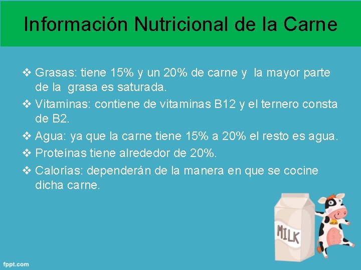 Información Nutricional de la Carne v Grasas: tiene 15% y un 20% de carne