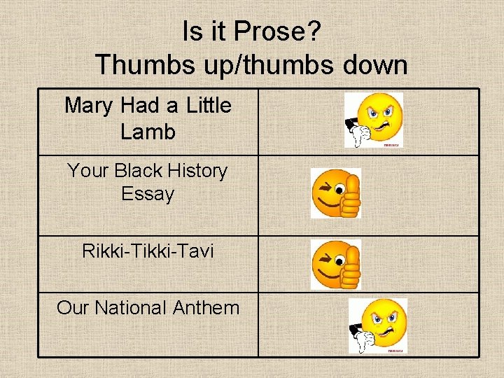 Is it Prose? Thumbs up/thumbs down Mary Had a Little Lamb Your Black History Is it Prose? Thumbs up/thumbs down Mary Had a Little Lamb Your Black History