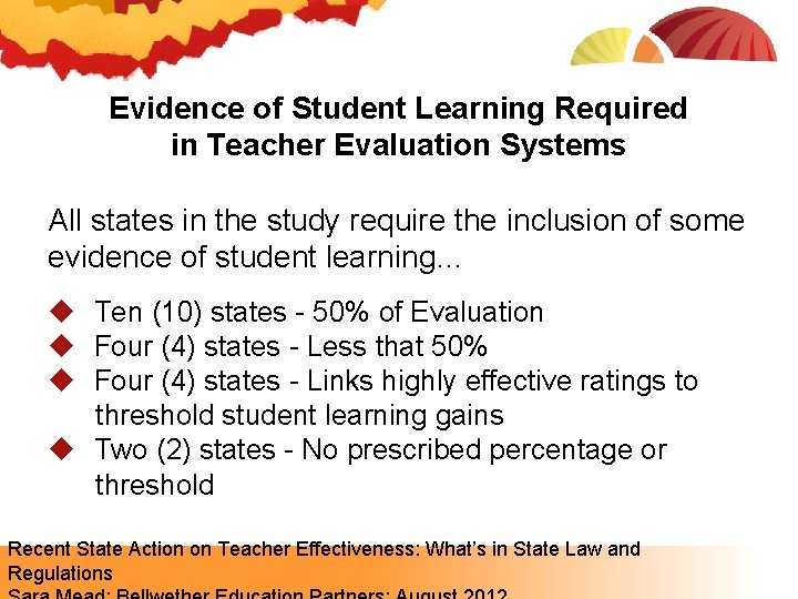 Evidence of Student Learning Required in Teacher Evaluation Systems All states in the study