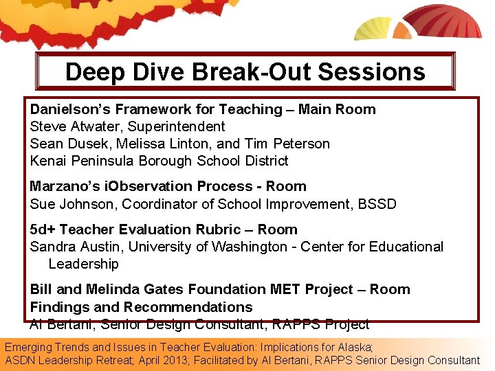 Deep Dive Break-Out Sessions Danielson’s Framework for Teaching – Main Room Steve Atwater, Superintendent