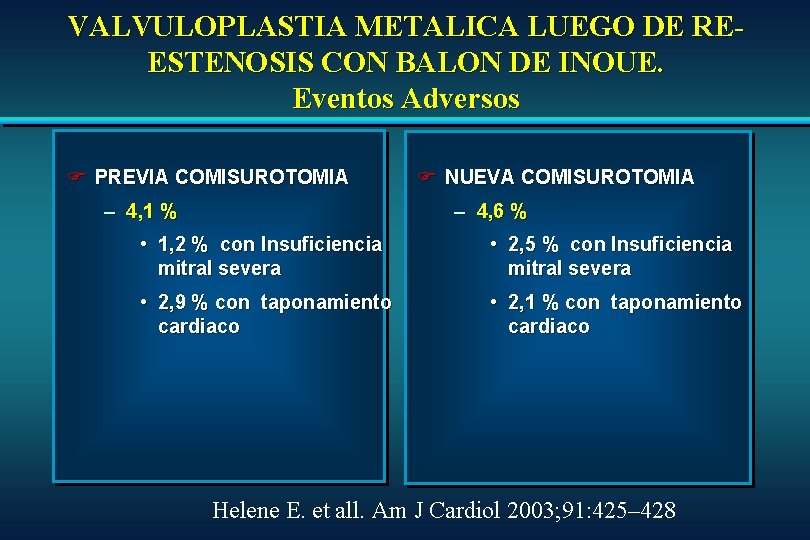 VALVULOPLASTIA METALICA LUEGO DE REESTENOSIS CON BALON DE INOUE. Eventos Adversos F PREVIA COMISUROTOMIA VALVULOPLASTIA METALICA LUEGO DE REESTENOSIS CON BALON DE INOUE. Eventos Adversos F PREVIA COMISUROTOMIA