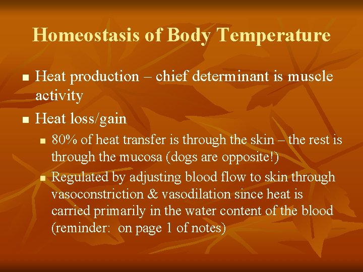 Homeostasis of Body Temperature n n Heat production – chief determinant is muscle activity