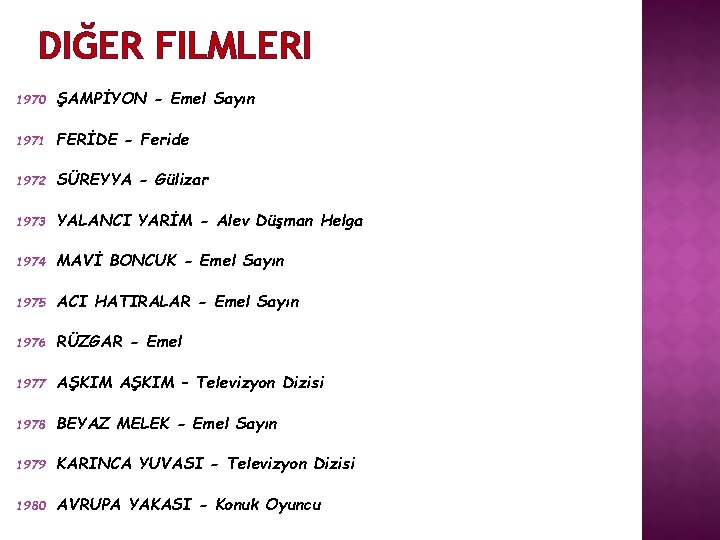 DIĞER FILMLERI 1970 ŞAMPİYON - Emel Sayın 1971 FERİDE - Feride 1972 SÜREYYA -