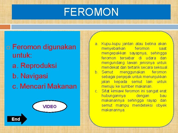 FEROMON Feromon digunakan untuk: a. Reproduksi b. Navigasi c. Mencari Makanan VIDEO End a.