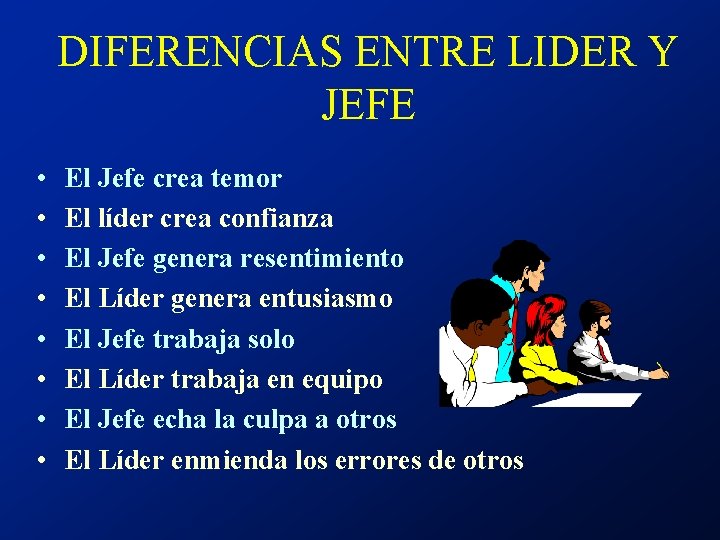 DIFERENCIAS ENTRE LIDER Y JEFE • • El Jefe crea temor El líder crea