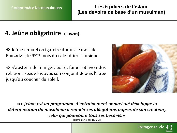 Comprendre les musulmans 4. Jeûne obligatoire Les 5 piliers de l’islam (Les devoirs de