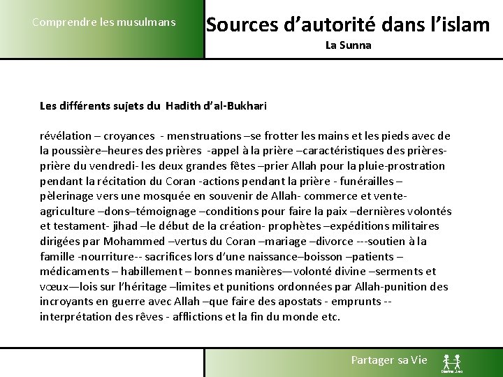 Comprendre les musulmans Sources d’autorité dans l’islam La Sunna Les différents sujets du Hadith