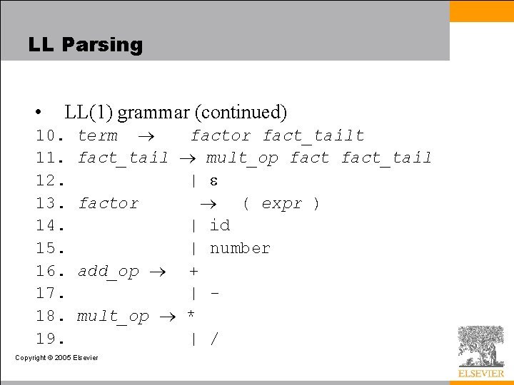 LL Parsing • LL(1) grammar (continued) 10. 11. 12. 13. 14. 15. 16. 17.