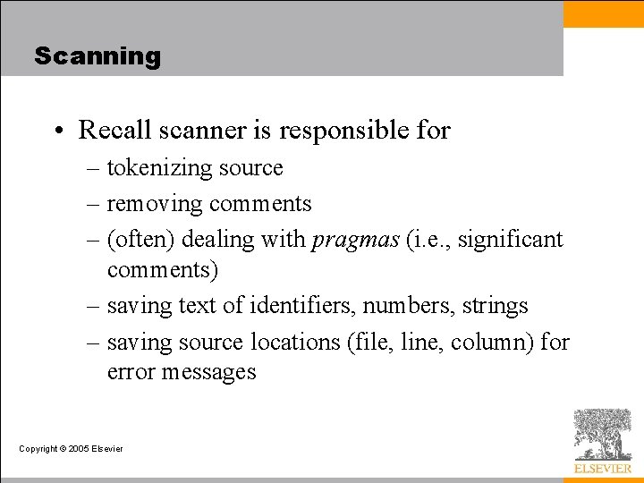 Scanning • Recall scanner is responsible for – tokenizing source – removing comments –
