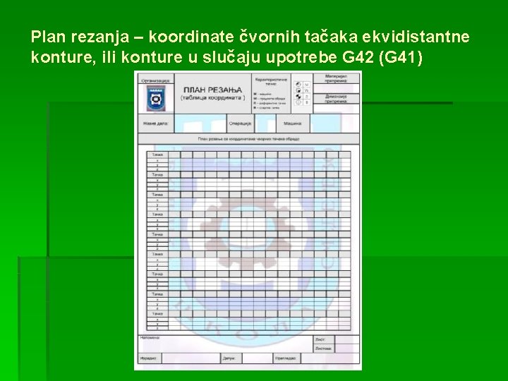 Plan rezanja – koordinate čvornih tačaka ekvidistantne konture, ili konture u slučaju upotrebe G