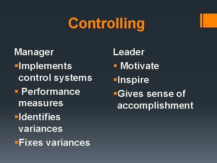 Controlling Manager §Implements control systems § Performance measures §Identifies variances §Fixes variances Leader §