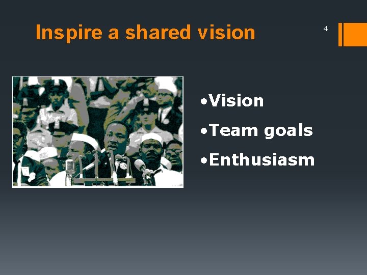 Inspire a shared vision • Vision • Team goals • Enthusiasm 4 