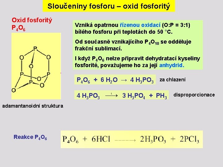 Sloučeniny fosforu – oxid fosforitý Oxid fosforitý P 4 O 6 Vzniká opatrnou řízenou