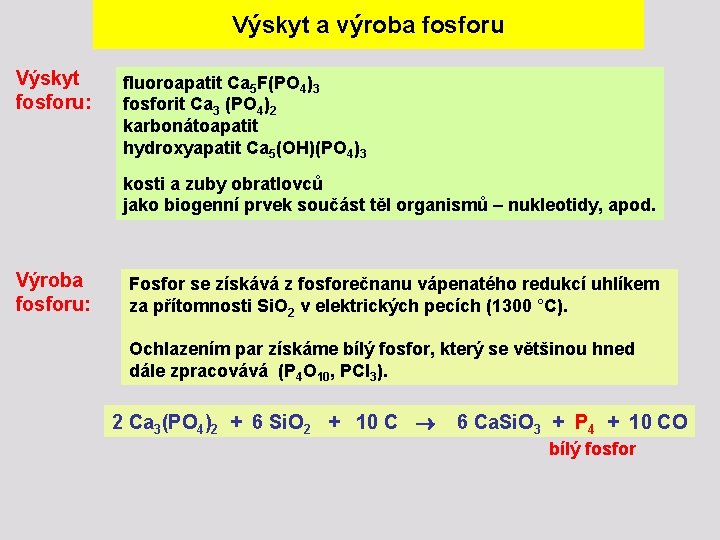 Výskyt a výroba fosforu Výskyt fosforu: fluoroapatit Ca 5 F(PO 4)3 fosforit Ca 3