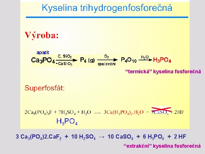 “termická” kyselina fosforečná 3 Ca 3(PO 4)2. Ca. F 2 + 10 H 2