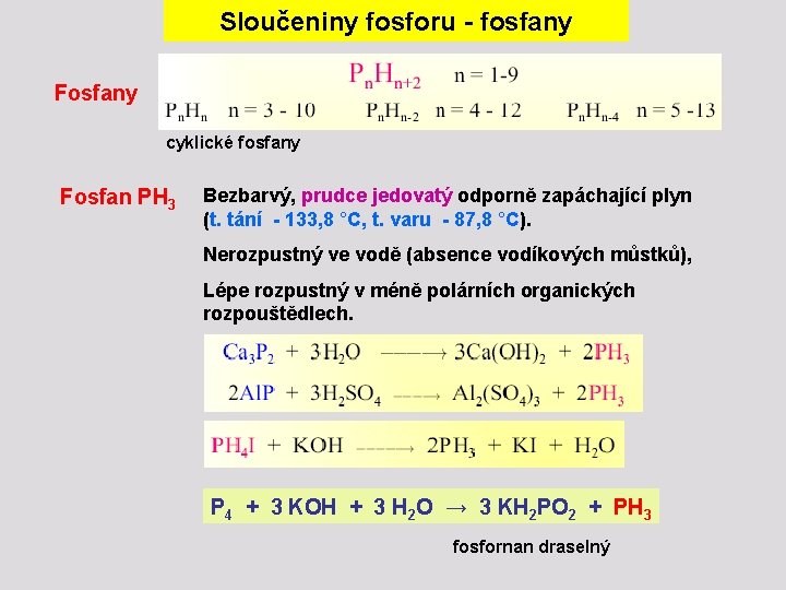 Sloučeniny fosforu - fosfany Fosfany cyklické fosfany Fosfan PH 3 Bezbarvý, prudce jedovatý odporně