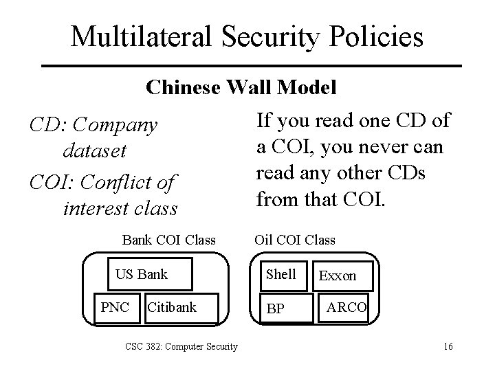 Multilateral Security Policies Chinese Wall Model CD: Company dataset COI: Conflict of interest class Multilateral Security Policies Chinese Wall Model CD: Company dataset COI: Conflict of interest class