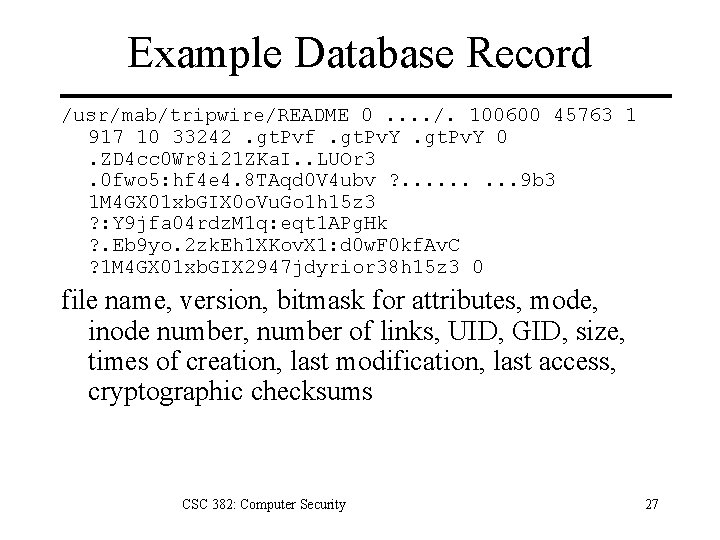 Example Database Record /usr/mab/tripwire/README 0. . /. 100600 45763 1 917 10 33242. gt. Example Database Record /usr/mab/tripwire/README 0. . /. 100600 45763 1 917 10 33242. gt.