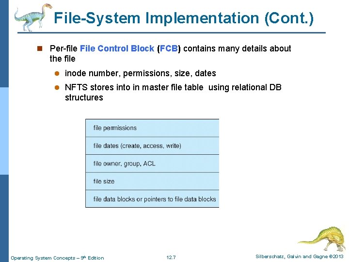 File-System Implementation (Cont. ) n Per-file File Control Block (FCB) contains many details about