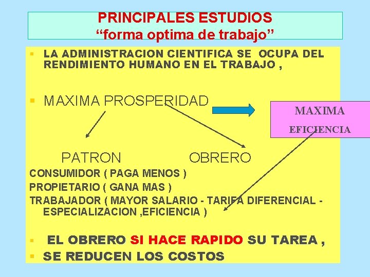 PRINCIPALES ESTUDIOS “forma optima de trabajo” § LA ADMINISTRACION CIENTIFICA SE OCUPA DEL RENDIMIENTO PRINCIPALES ESTUDIOS “forma optima de trabajo” § LA ADMINISTRACION CIENTIFICA SE OCUPA DEL RENDIMIENTO