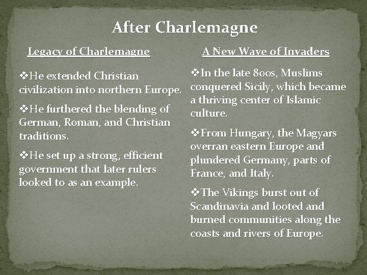 After Charlemagne Legacy of Charlemagne A New Wave of Invaders v. In the late