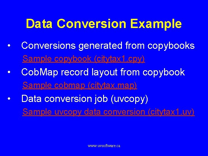 Data Conversion Example • Conversions generated from copybooks Sample copybook (citytax 1. cpy) •