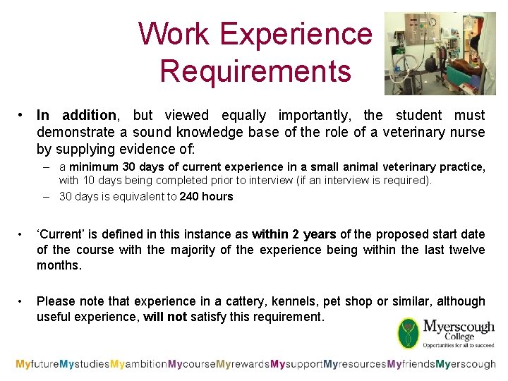 Work Experience Requirements • In addition, but viewed equally importantly, the student must demonstrate