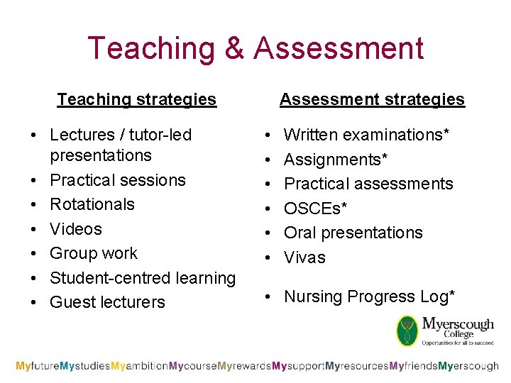 Teaching & Assessment Teaching strategies • Lectures / tutor-led presentations • Practical sessions •