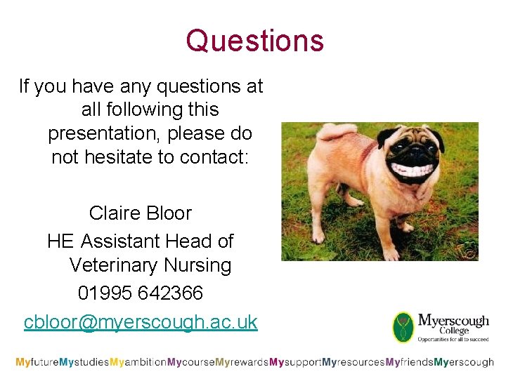 Questions If you have any questions at all following this presentation, please do not